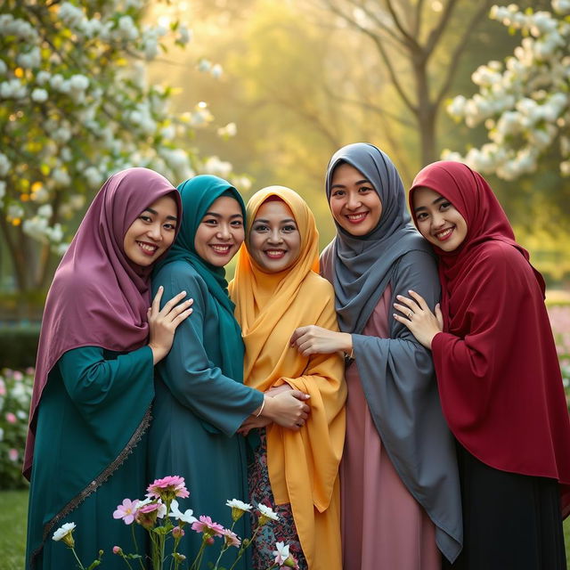 A serene family portrait featuring a group of adults wearing elegant hijabs in a beautiful natural setting