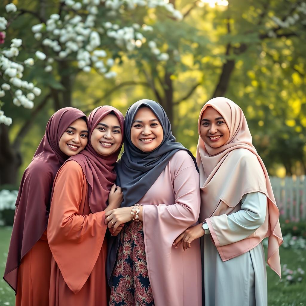 A serene family portrait featuring a group of adults wearing elegant hijabs in a beautiful natural setting