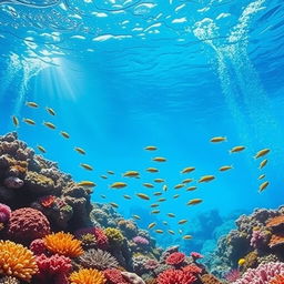 A vibrant underwater scene showcasing a beautiful coral reef teeming with life, featuring various colorful corals, schools of tropical fish swimming gracefully, and bubbles rising from the ocean floor