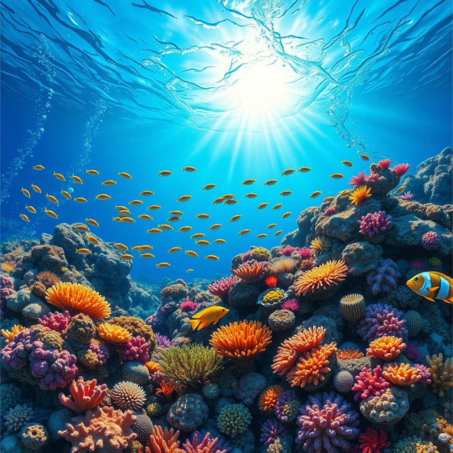 A vibrant underwater scene showcasing a beautiful coral reef teeming with life, featuring various colorful corals, schools of tropical fish swimming gracefully, and bubbles rising from the ocean floor