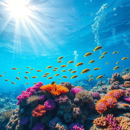 A vibrant underwater scene showcasing a beautiful coral reef teeming with life, featuring various colorful corals, schools of tropical fish swimming gracefully, and bubbles rising from the ocean floor
