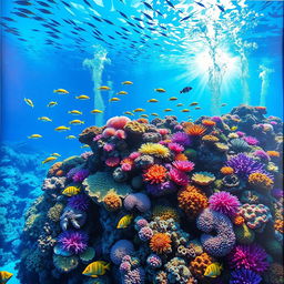 A vibrant underwater scene showcasing a beautiful coral reef teeming with life, featuring various colorful corals, schools of tropical fish swimming gracefully, and bubbles rising from the ocean floor