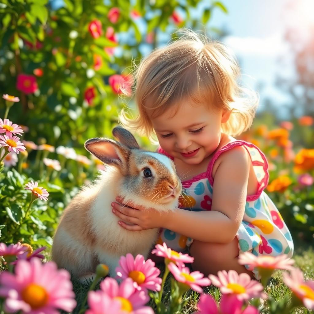 A young child joyfully playing with a pet rabbit in a beautiful flower garden on a bright sunny morning, surrounded by vibrant flowers in full bloom, with soft sunlight filtering through the leaves and a clear blue sky in the background