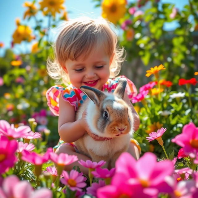 A young child joyfully playing with a pet rabbit in a beautiful flower garden on a bright sunny morning, surrounded by vibrant flowers in full bloom, with soft sunlight filtering through the leaves and a clear blue sky in the background