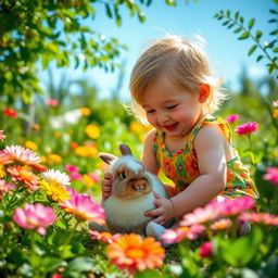 A young child joyfully playing with a pet rabbit in a beautiful flower garden on a bright sunny morning, surrounded by vibrant flowers in full bloom, with soft sunlight filtering through the leaves and a clear blue sky in the background