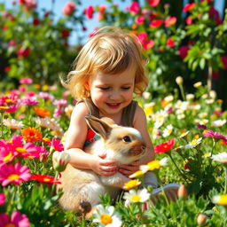 A young child joyfully playing with a pet rabbit in a beautiful flower garden on a bright sunny morning, surrounded by vibrant flowers in full bloom, with soft sunlight filtering through the leaves and a clear blue sky in the background