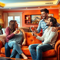 A vibrant and humorous scene depicting two couples engaging in a playful 'wife swap' scenario