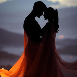 A sensual and artistic representation of sensuality, featuring an abstract silhouette of two figures embracing, surrounded by soft, flowing fabrics