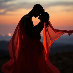 A sensual and artistic representation of sensuality, featuring an abstract silhouette of two figures embracing, surrounded by soft, flowing fabrics