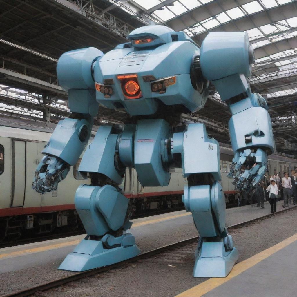 A sleek electric train undergoing a remarkable transformation into a gigantic Mecha. As the transformation takes place, the streamlined train compartments form the body and limbs of the Mecha, while the train's front transforms into the Mecha's head, with the pantograph morphing into an electrical weapon