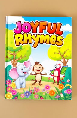 A beautifully illustrated kids' rhyme book cover, featuring a whimsical scene with playful animals like a cheerful elephant, a dancing monkey, and a singing parrot
