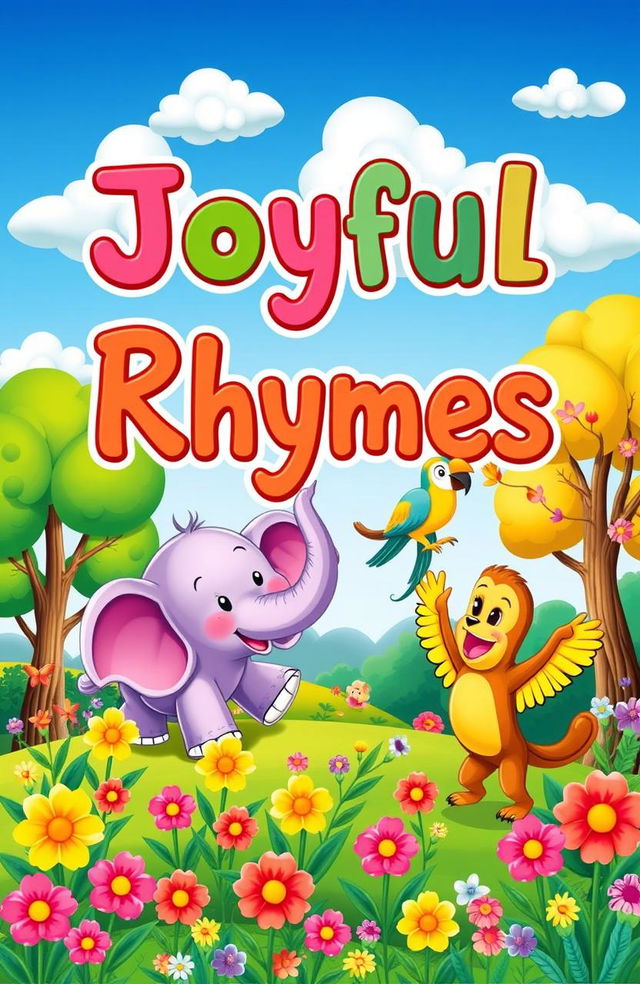 A beautifully illustrated kids' rhyme book cover, featuring a whimsical scene with playful animals like a cheerful elephant, a dancing monkey, and a singing parrot