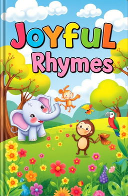 A beautifully illustrated kids' rhyme book cover, featuring a whimsical scene with playful animals like a cheerful elephant, a dancing monkey, and a singing parrot