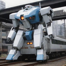 A sleek electric train undergoing a remarkable transformation into a gigantic Mecha. As the transformation takes place, the streamlined train compartments form the body and limbs of the Mecha, while the train's front transforms into the Mecha's head, with the pantograph morphing into an electrical weapon