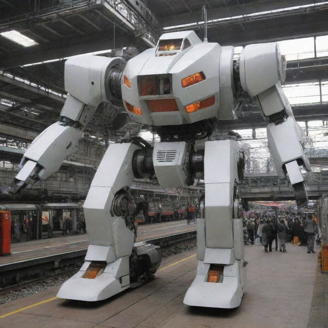 A sleek electric train undergoing a remarkable transformation into a gigantic Mecha. As the transformation takes place, the streamlined train compartments form the body and limbs of the Mecha, while the train's front transforms into the Mecha's head, with the pantograph morphing into an electrical weapon