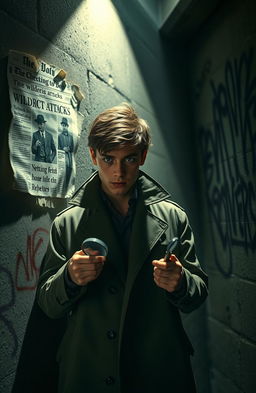 A teenage detective named Malcolm Pace, with a focused expression, is in a dimly lit alleyway, examining clues related to the murder of the Wildrics family