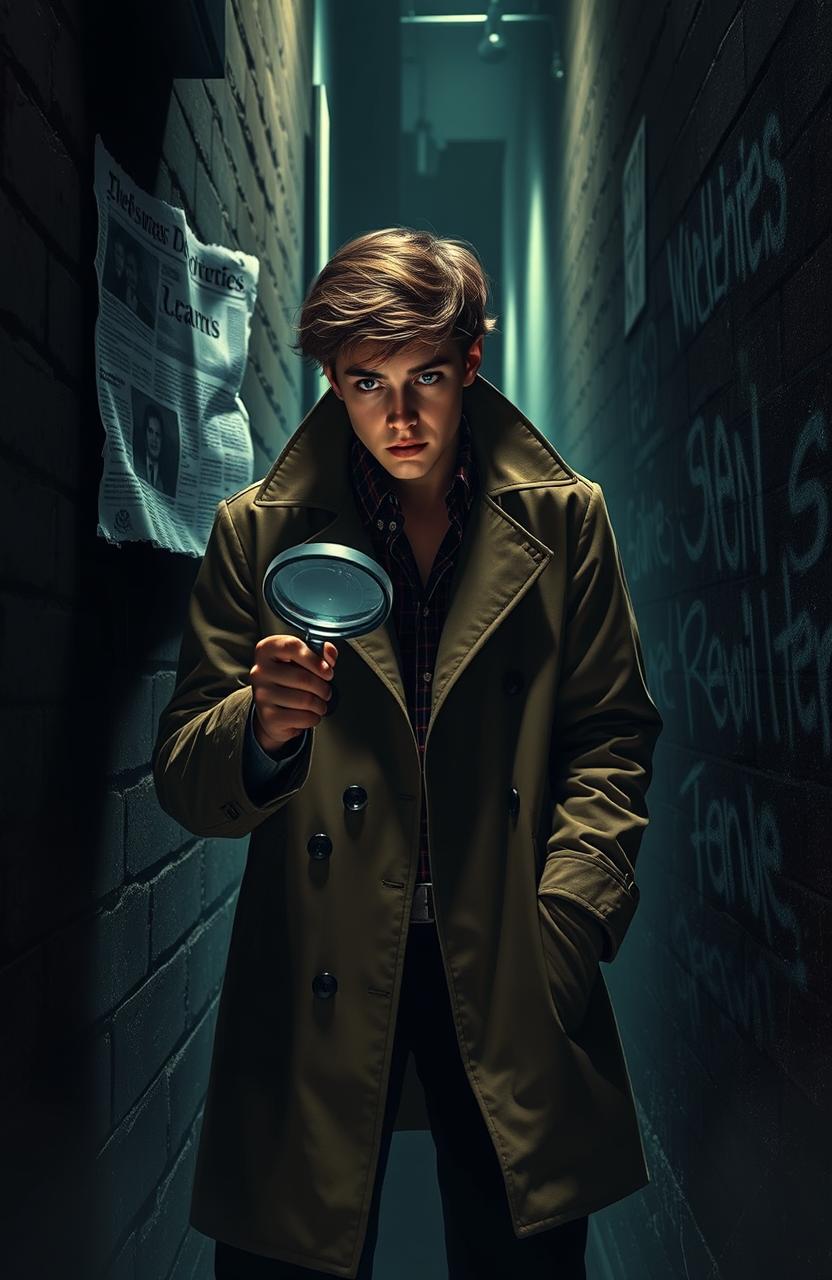 A teenage detective named Malcolm Pace, with a focused expression, is in a dimly lit alleyway, examining clues related to the murder of the Wildrics family