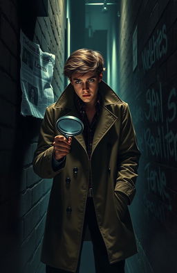 A teenage detective named Malcolm Pace, with a focused expression, is in a dimly lit alleyway, examining clues related to the murder of the Wildrics family