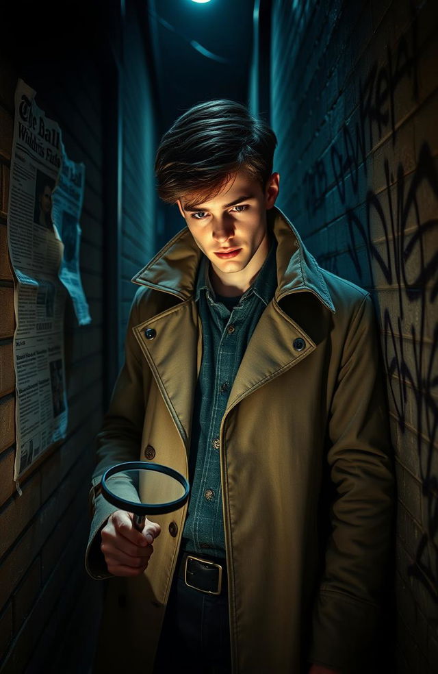 A teenage detective named Malcolm Pace, with a focused expression, is in a dimly lit alleyway, examining clues related to the murder of the Wildrics family