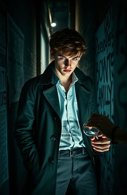A teenage detective named Malcolm Pace, with a focused expression, is in a dimly lit alleyway, examining clues related to the murder of the Wildrics family