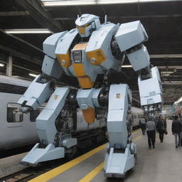 A sleek electric train undergoing a remarkable transformation into a gigantic Mecha. As the transformation takes place, the streamlined train compartments form the body and limbs of the Mecha, while the train's front transforms into the Mecha's head, with the pantograph morphing into an electrical weapon