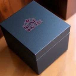 A stylish black watch box featuring an elegant burgundy logo that reads 'ROSE BEE' in a sophisticated font