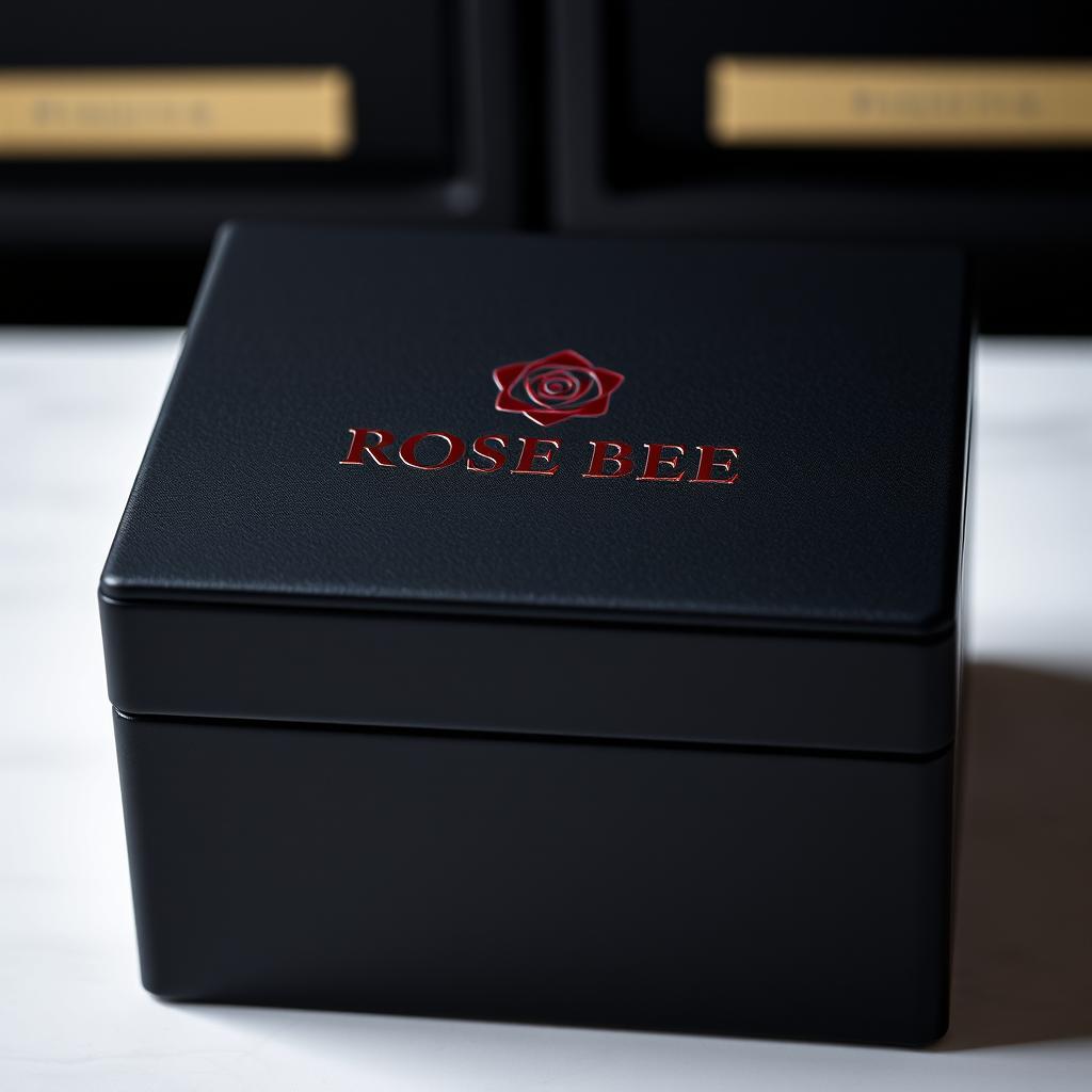 A stylish black watch box featuring an elegant burgundy logo that reads 'ROSE BEE' in a sophisticated font