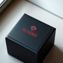 A stylish black watch box featuring an elegant burgundy logo that reads 'ROSE BEE' in a sophisticated font