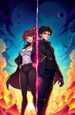 A dynamic and visually striking illustration of two siblings, a brother and sister, exchanging personalities
