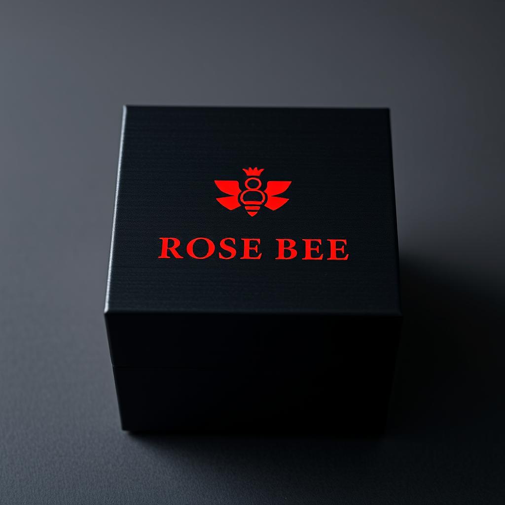 A sleek black watch box featuring a bold red logo that reads 'ROSE BEE' in an elegant font