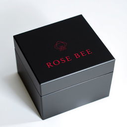 A refined black watch box featuring a sleek burgundy text logo that reads 'ROSE BEE'