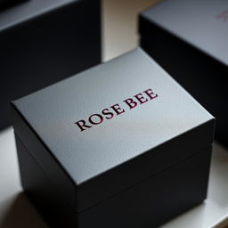 A refined black watch box featuring a sleek burgundy text logo that reads 'ROSE BEE'