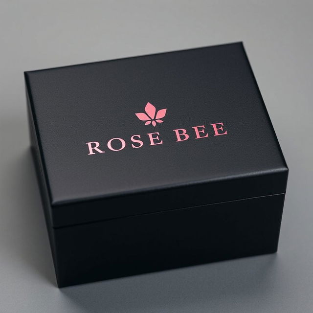 A refined black watch box featuring a sleek burgundy text logo that reads 'ROSE BEE'