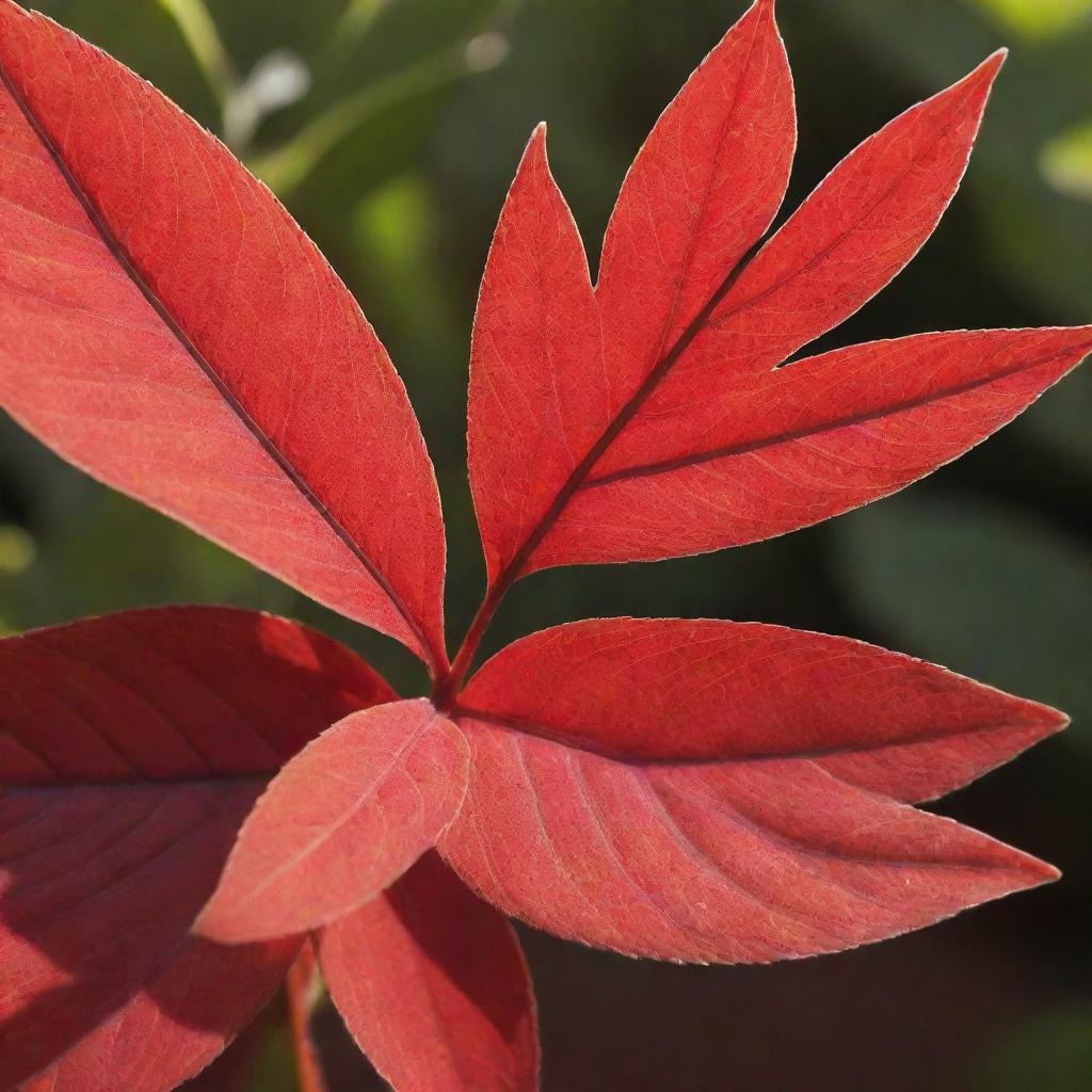 Close up of a vibrant red plant with intricate leaf patterns, bathed in soft sunlight.