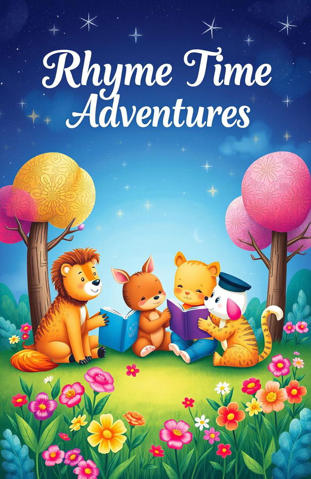 A beautifully illustrated rhyme book cover designed for children, featuring a whimsical scene with colorful animals reading rhymes together in a magical forest, with bright flowers and sparkling stars in the sky