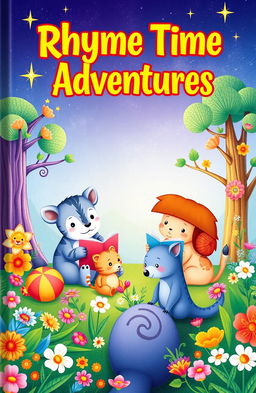 A beautifully illustrated rhyme book cover designed for children, featuring a whimsical scene with colorful animals reading rhymes together in a magical forest, with bright flowers and sparkling stars in the sky