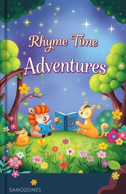 A beautifully illustrated rhyme book cover designed for children, featuring a whimsical scene with colorful animals reading rhymes together in a magical forest, with bright flowers and sparkling stars in the sky