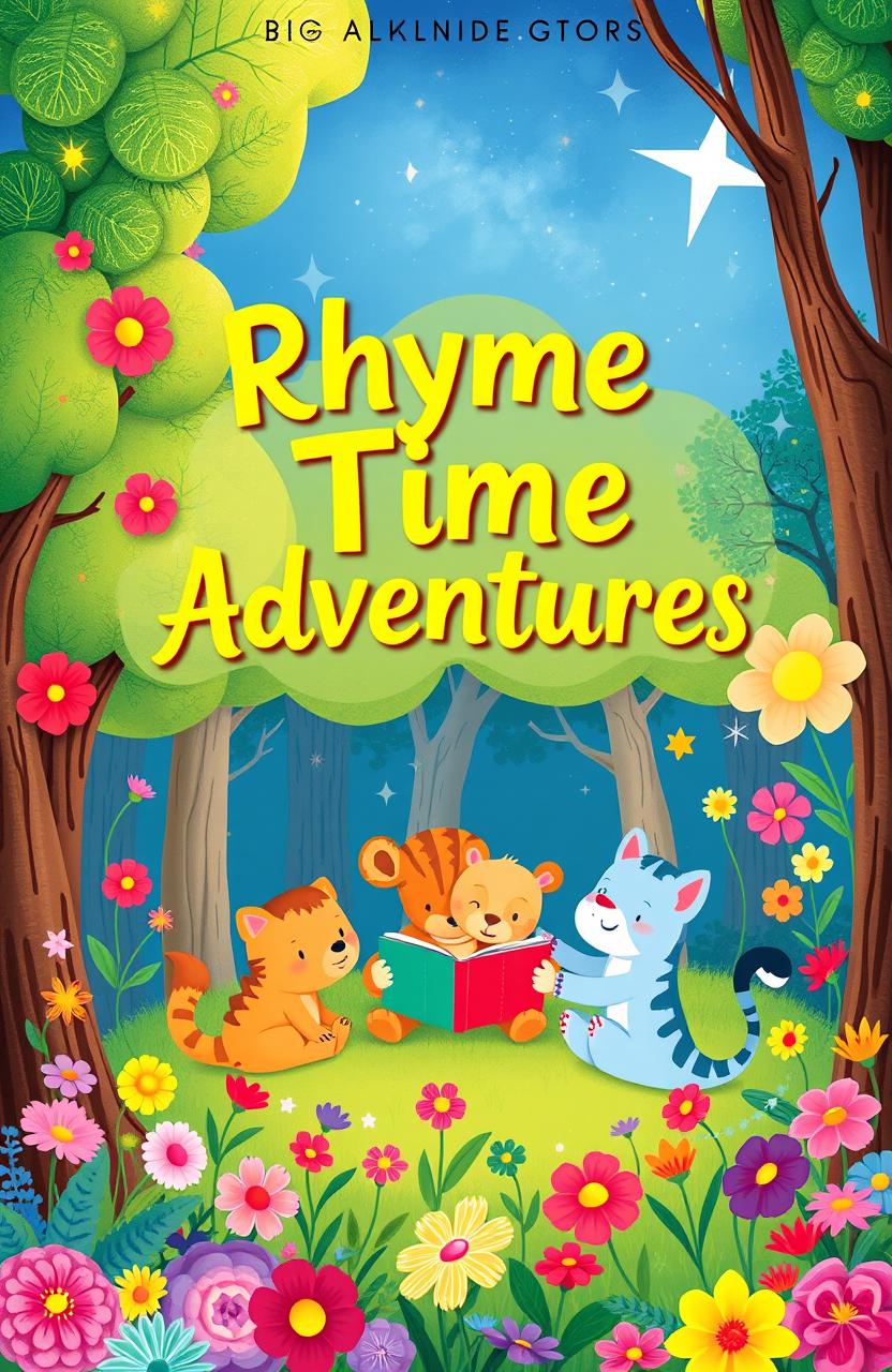 A beautifully illustrated rhyme book cover designed for children, featuring a whimsical scene with colorful animals reading rhymes together in a magical forest, with bright flowers and sparkling stars in the sky