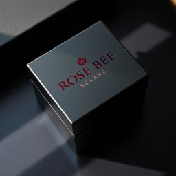 A sophisticated black watch box showcasing a stylish maroon text logo that reads 'ROSE BEE'