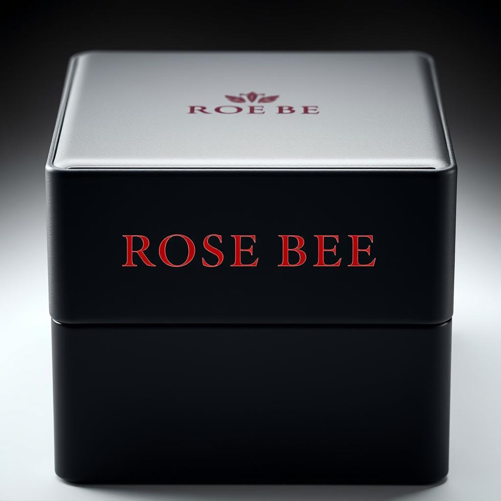 A sophisticated black watch box showcasing a stylish maroon text logo that reads 'ROSE BEE'
