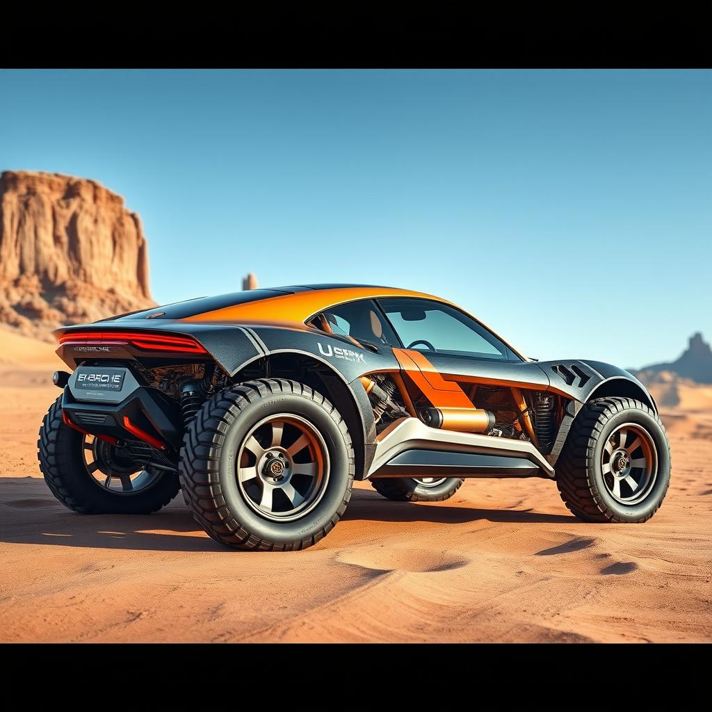 A futuristic concept car inspired by Porsche, designed for off-road performance, featuring a unique transparent section that showcases its intricate internal mechanics