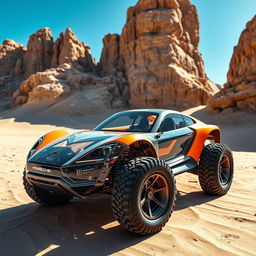 A futuristic concept car inspired by Porsche, designed for off-road performance, featuring a unique transparent section that showcases its intricate internal mechanics