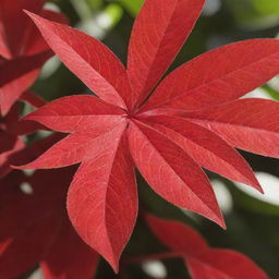 Close up of a vibrant red plant with intricate leaf patterns, bathed in soft sunlight.