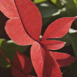 Close up of a vibrant red plant with intricate leaf patterns, bathed in soft sunlight.