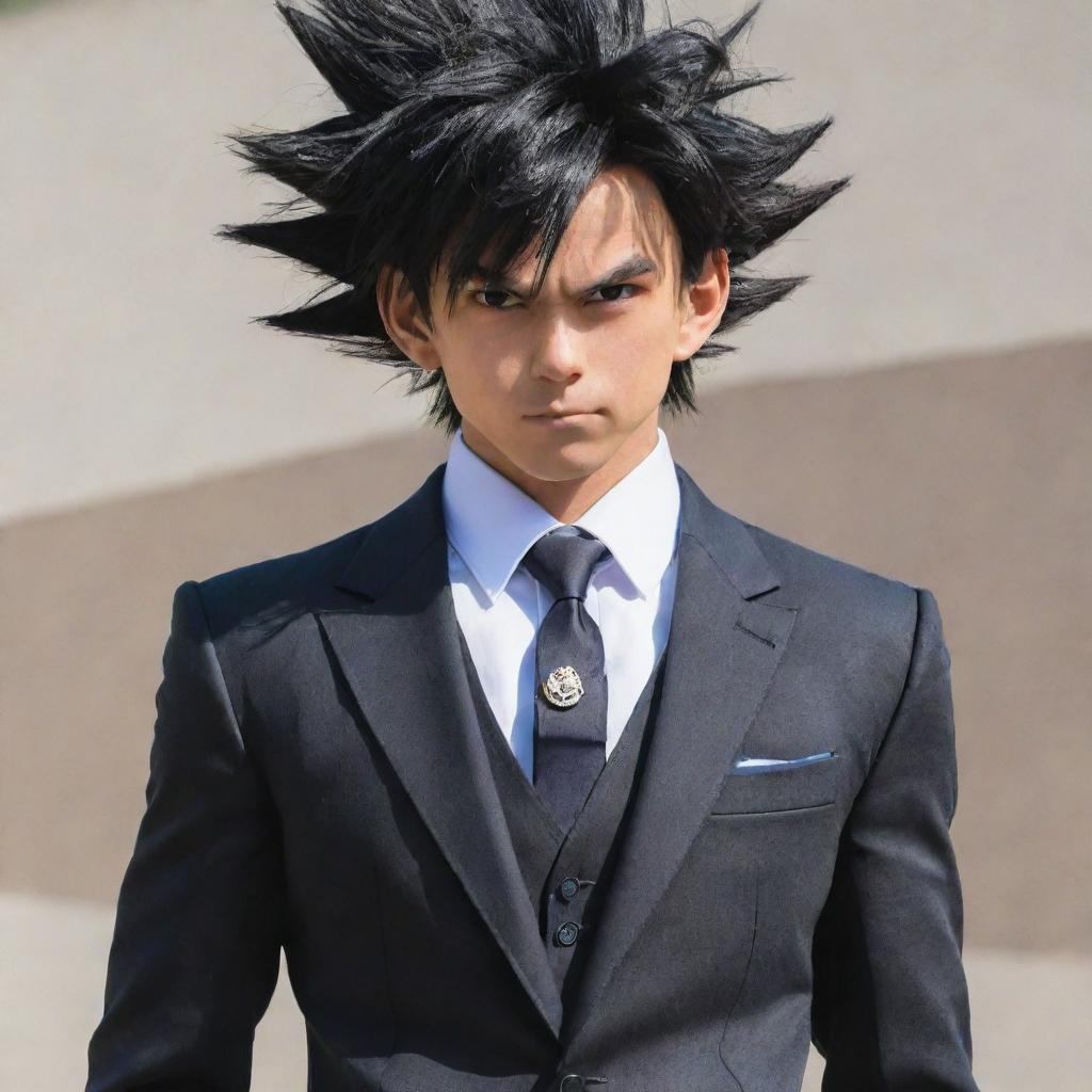 Dragon Ball's character Goku dressed in a dapper, sharp-looking suit.