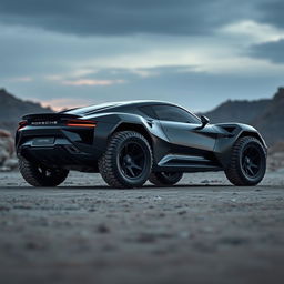 A futuristic concept car inspired by Porsche, specifically designed for off-road capabilities, featuring a sleek, all-black exterior
