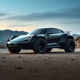 A futuristic concept car inspired by Porsche, specifically designed for off-road capabilities, featuring a sleek, all-black exterior
