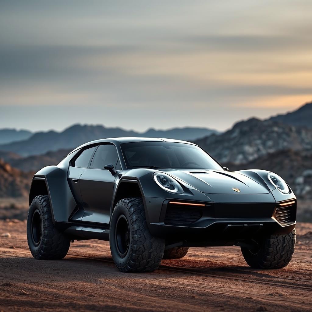 A futuristic concept car inspired by Porsche, specifically designed for off-road capabilities, featuring a sleek, all-black exterior