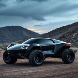 A futuristic concept car inspired by Porsche, specifically designed for off-road capabilities, featuring a sleek, all-black exterior