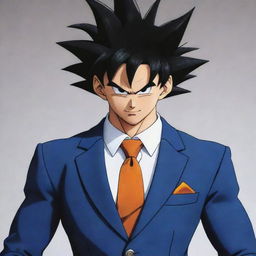 Dragon Ball's character Goku dressed in a dapper, sharp-looking suit.